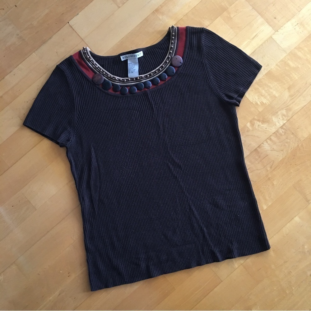 Requirements Ribbed Short Sleeve Sweater, Wood Bead Detail, Brown, Red, Size S